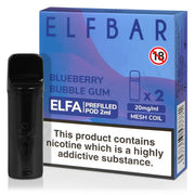 Elf Bar Elfa prefilled pod in Blueberry Bubble Gum flavor, combining the sweetness of classic bubble gum with juicy blueberries for a smooth and playful vape, designed for use with the Elf Bar Elfa device for a fun and flavorful vaping experience.